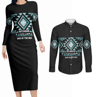 Aotearoa Atua Tangaroa Personalised Couples Matching Long Sleeve Bodycon Dress and Long Sleeve Button Shirt Maori God Of The Sea Taniko Motifs LT14 Turquoise - Polynesian Pride