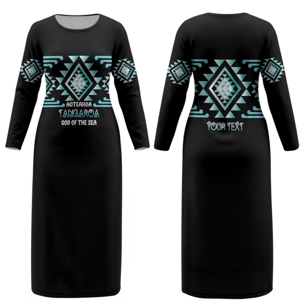 Aotearoa Atua Tangaroa Personalised Couples Matching Long Sleeve Bodycon Dress and Long Sleeve Button Shirt Maori God Of The Sea Taniko Motifs LT14 - Polynesian Pride