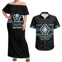 Aotearoa Atua Tangaroa Personalised Couples Matching Off Shoulder Maxi Dress and Hawaiian Shirt Maori God Of The Sea Taniko Motifs LT14 Turquoise - Polynesian Pride