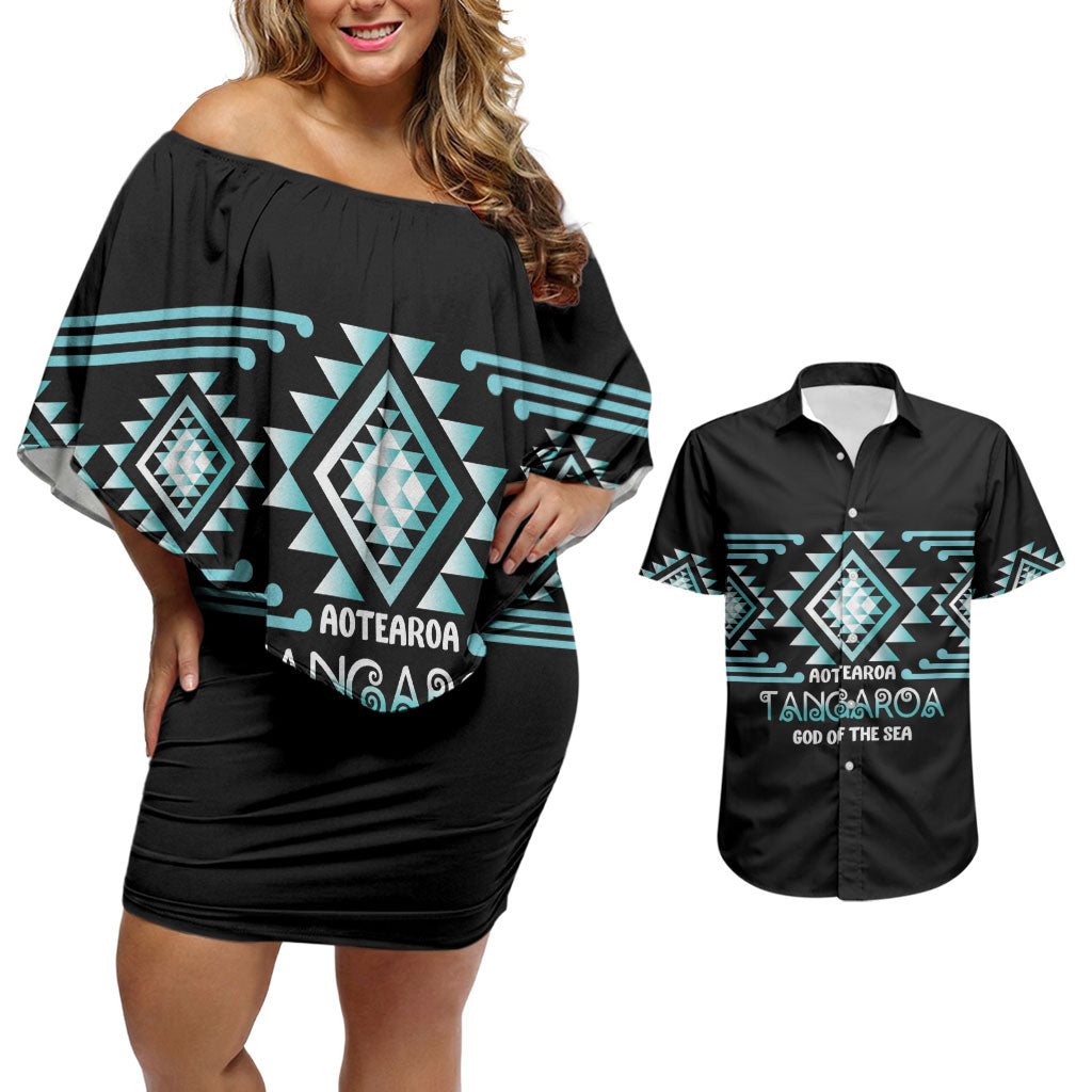 Aotearoa Atua Tangaroa Personalised Couples Matching Off Shoulder Short Dress and Hawaiian Shirt Maori God Of The Sea Taniko Motifs LT14 Turquoise - Polynesian Pride