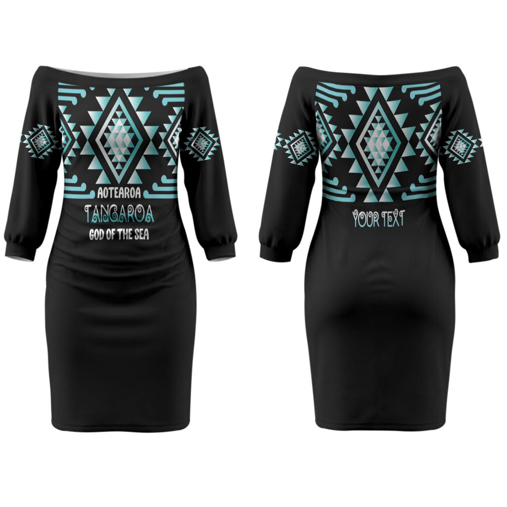 Aotearoa Atua Tangaroa Personalised Couples Matching Off The Shoulder Long Sleeve Dress and Hawaiian Shirt Maori God Of The Sea Taniko Motifs LT14 - Polynesian Pride