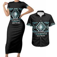 Aotearoa Atua Tangaroa Personalised Couples Matching Short Sleeve Bodycon Dress and Hawaiian Shirt Maori God Of The Sea Taniko Motifs LT14 Turquoise - Polynesian Pride