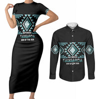 Aotearoa Atua Tangaroa Personalised Couples Matching Short Sleeve Bodycon Dress and Long Sleeve Button Shirt Maori God Of The Sea Taniko Motifs LT14 Turquoise - Polynesian Pride