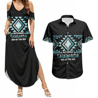 Aotearoa Atua Tangaroa Personalised Couples Matching Summer Maxi Dress and Hawaiian Shirt Maori God Of The Sea Taniko Motifs LT14 Turquoise - Polynesian Pride