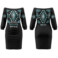 Aotearoa Atua Tangaroa Personalised Family Matching Off The Shoulder Long Sleeve Dress and Hawaiian Shirt Maori God Of The Sea Taniko Motifs LT14 Mom's Dress Turquoise - Polynesian Pride