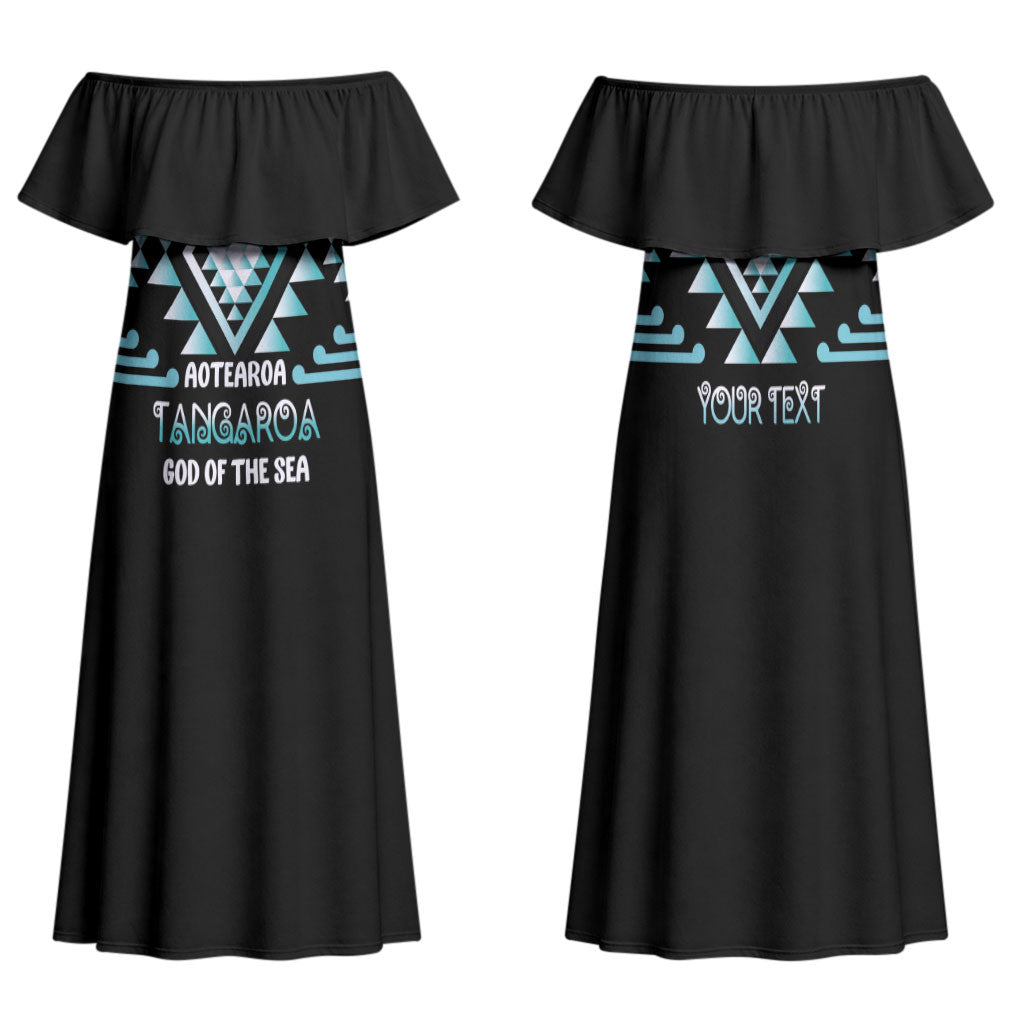 Aotearoa Atua Tangaroa Personalised Family Matching Off Shoulder Maxi Dress and Hawaiian Shirt Maori God Of The Sea Taniko Motifs LT14 Mom's Dress Turquoise - Polynesian Pride