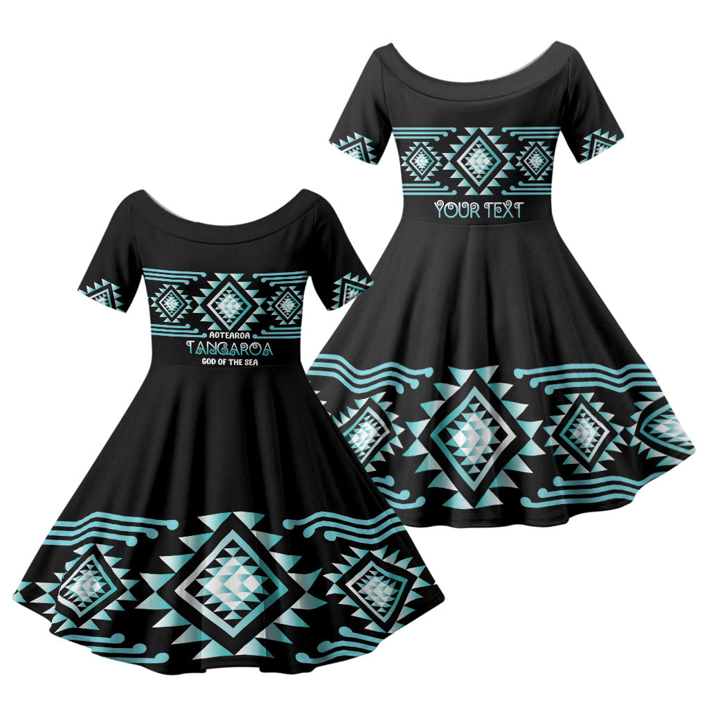 Aotearoa Atua Tangaroa Personalised Family Matching Off Shoulder Maxi Dress and Hawaiian Shirt Maori God Of The Sea Taniko Motifs LT14 Daughter's Dress Turquoise - Polynesian Pride