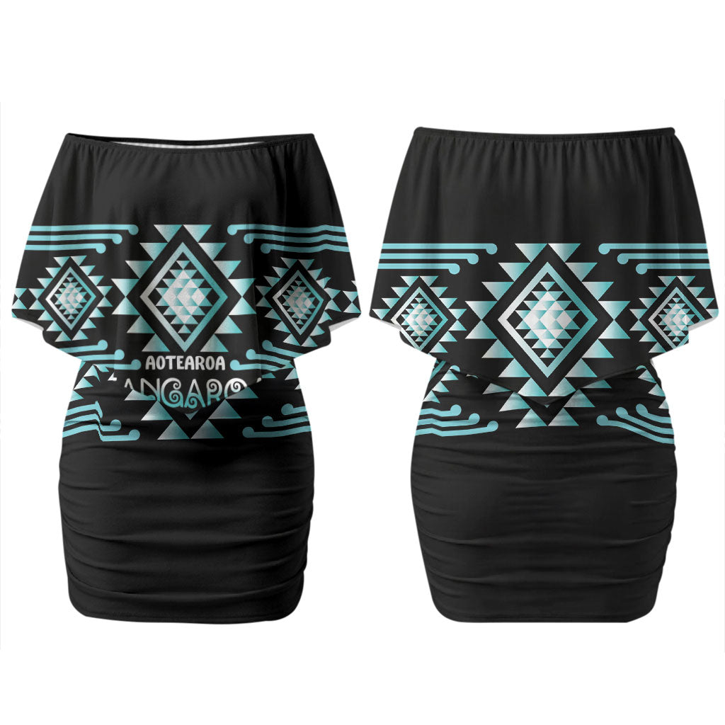 Aotearoa Atua Tangaroa Personalised Family Matching Off Shoulder Short Dress and Hawaiian Shirt Maori God Of The Sea Taniko Motifs LT14 Mom's Dress Turquoise - Polynesian Pride
