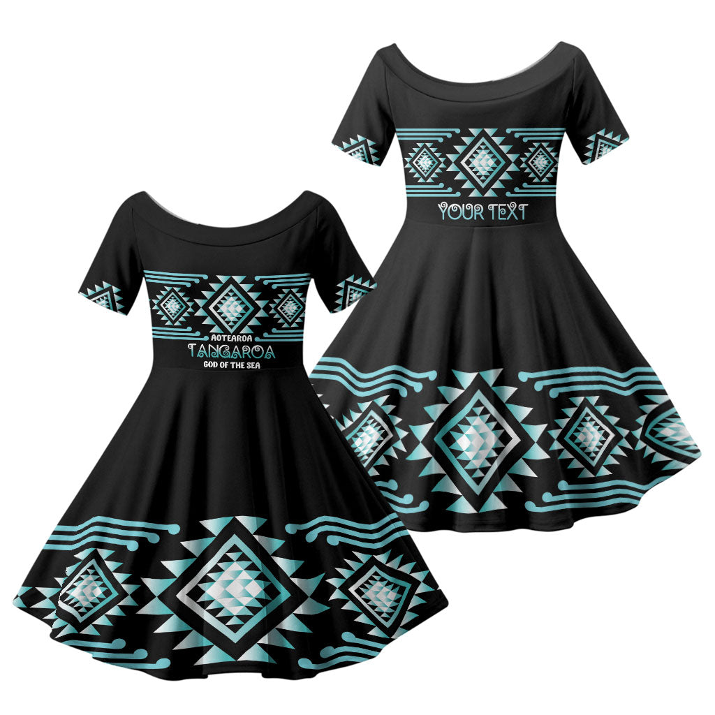 Aotearoa Atua Tangaroa Personalised Family Matching Off Shoulder Short Dress and Hawaiian Shirt Maori God Of The Sea Taniko Motifs LT14 Daughter's Dress Turquoise - Polynesian Pride