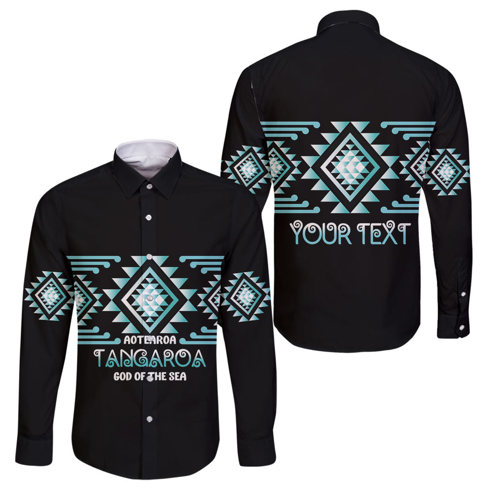 Aotearoa Atua Tangaroa Personalised Family Matching Puletasi and Hawaiian Shirt Maori God Of The Sea Taniko Motifs LT14 Dad's Shirt - Long Sleeve Turquoise - Polynesian Pride