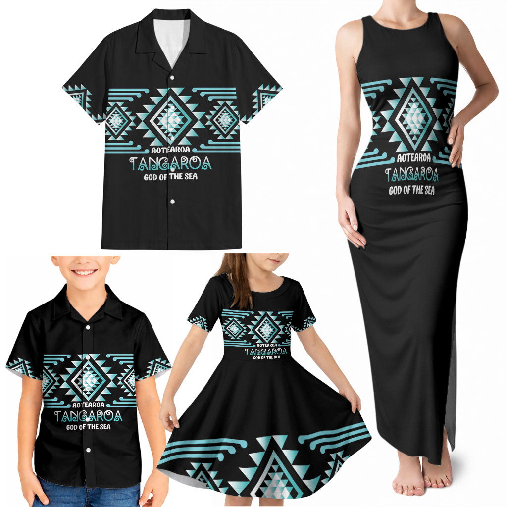 Aotearoa Atua Tangaroa Personalised Family Matching Tank Maxi Dress and Hawaiian Shirt Maori God Of The Sea Taniko Motifs LT14 - Polynesian Pride