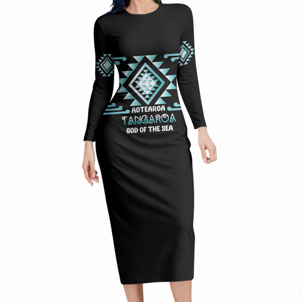 Aotearoa Atua Tangaroa Personalised Long Sleeve Bodycon Dress Maori God Of The Sea Taniko Motifs LT14 Long Dress Turquoise - Polynesian Pride