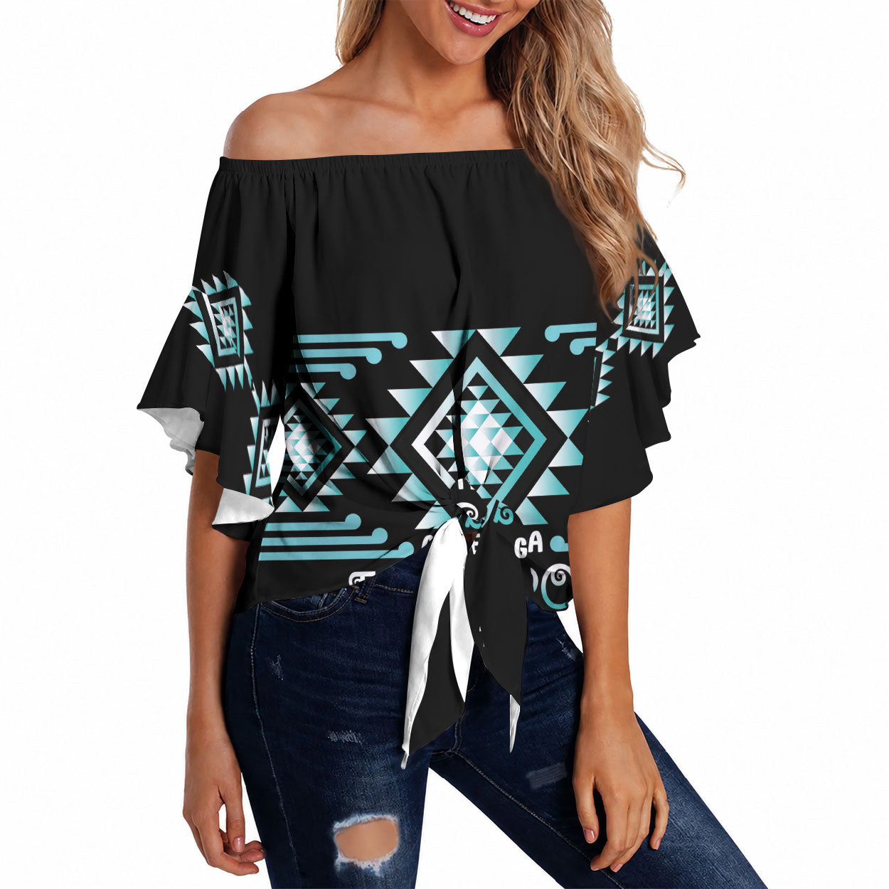 Aotearoa Atua Tangaroa Personalised Off Shoulder Wrap Waist Top Maori God Of The Sea Taniko Motifs LT14 Turquoise - Polynesian Pride