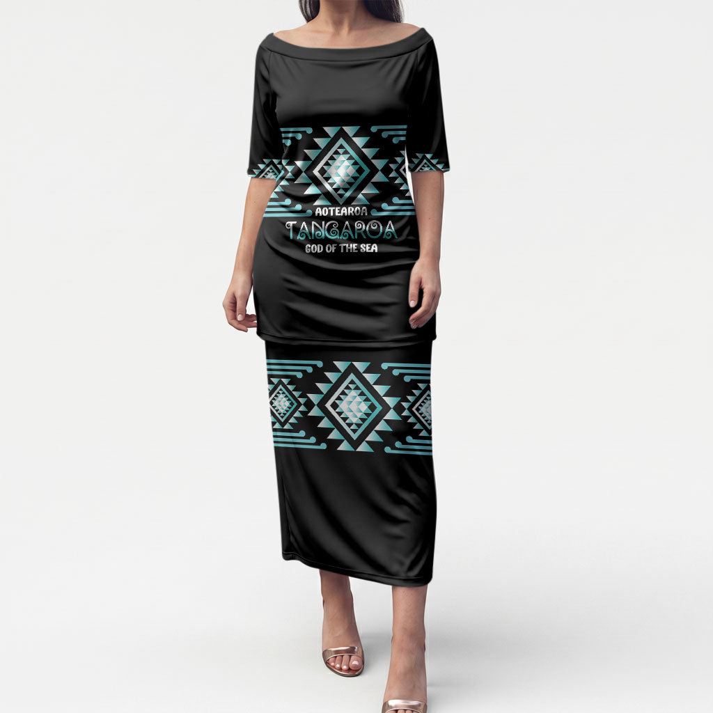Aotearoa Atua Tangaroa Personalised Puletasi Maori God Of The Sea Taniko Motifs LT14 Long Dress Turquoise - Polynesian Pride