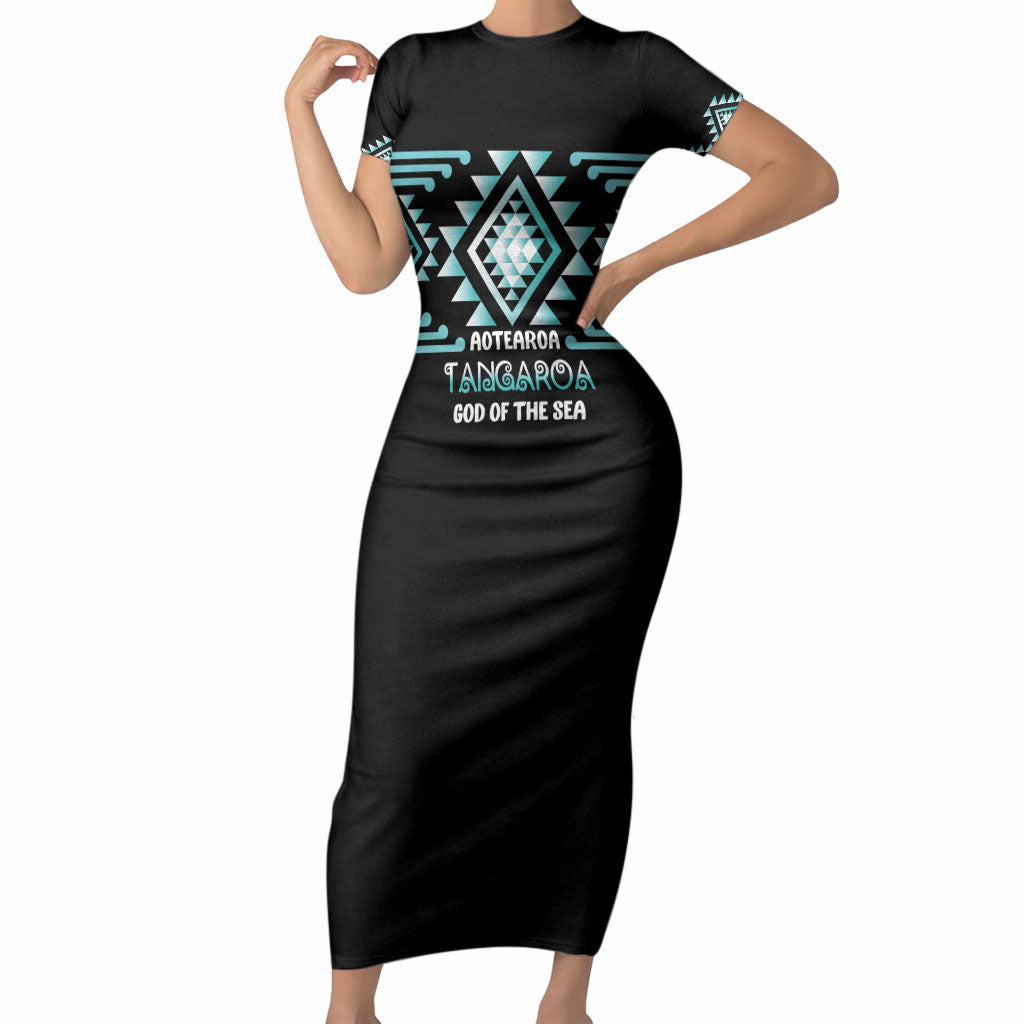 Aotearoa Atua Tangaroa Personalised Short Sleeve Bodycon Dress Maori God Of The Sea Taniko Motifs LT14 Long Dress Turquoise - Polynesian Pride