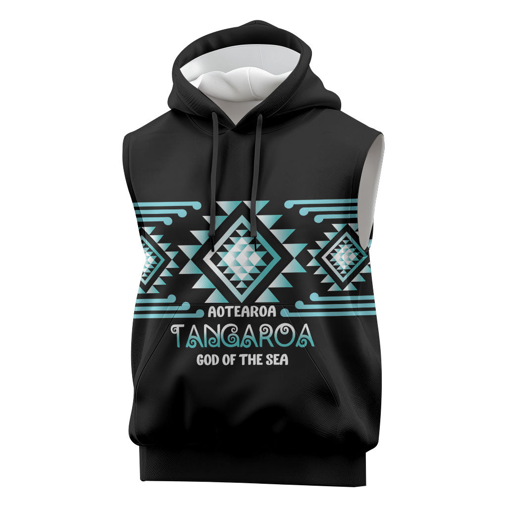 Aotearoa Atua Tangaroa Personalised Sleeveless Hoodie Maori God Of The Sea Taniko Motifs LT14 Turquoise - Polynesian Pride