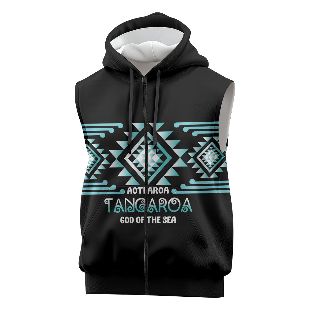 Aotearoa Atua Tangaroa Personalised Sleeveless Zip Hoodie Maori God Of The Sea Taniko Motifs LT14 Turquoise - Polynesian Pride