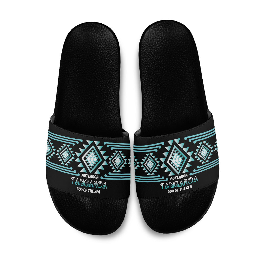 Aotearoa Atua Tangaroa Slide Sandals Maori God Of The Sea Taniko Motifs LT14 Turquoise - Polynesian Pride