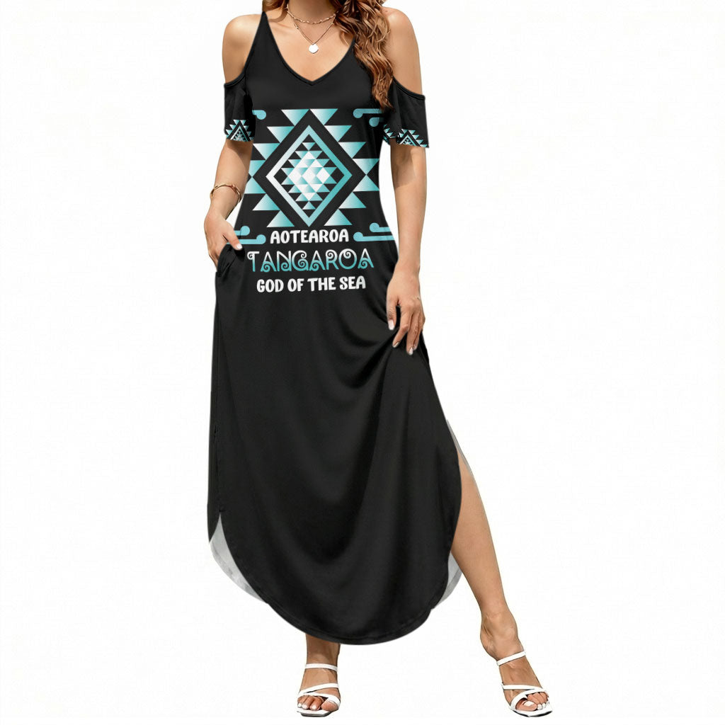 Aotearoa Atua Tangaroa Personalised Summer Maxi Dress Maori God Of The Sea Taniko Motifs LT14 Women Turquoise - Polynesian Pride