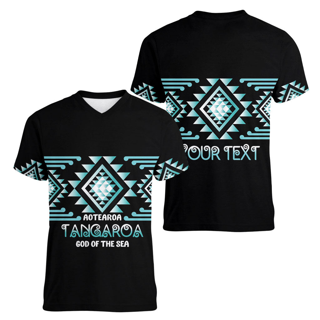 Aotearoa Atua Tangaroa Personalised Women V-Neck T-Shirt Maori God Of The Sea Taniko Motifs LT14 - Polynesian Pride