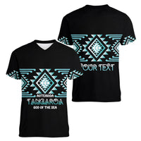 Aotearoa Atua Tangaroa Personalised Women V-Neck T-Shirt Maori God Of The Sea Taniko Motifs LT14 - Polynesian Pride