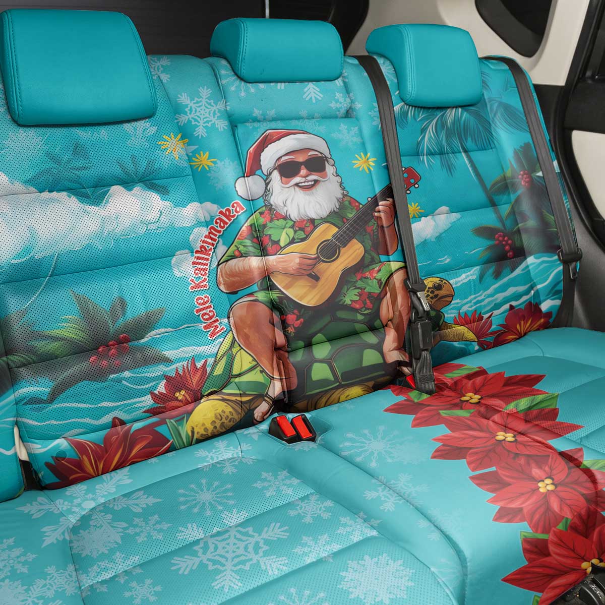 Hawaii Christmas Back Car Seat Cover Mele Kalikimaka Poinsettia Lei - Cyan