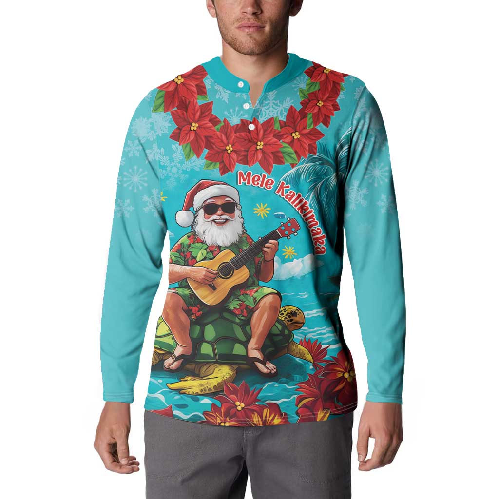 Hawaii Christmas Button Sweatshirt Mele Kalikimaka Poinsettia Lei - Cyan LT14 - Polynesian Pride