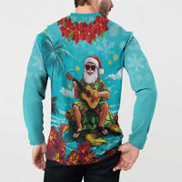 Hawaii Christmas Button Sweatshirt Mele Kalikimaka Poinsettia Lei - Cyan LT14 - Polynesian Pride