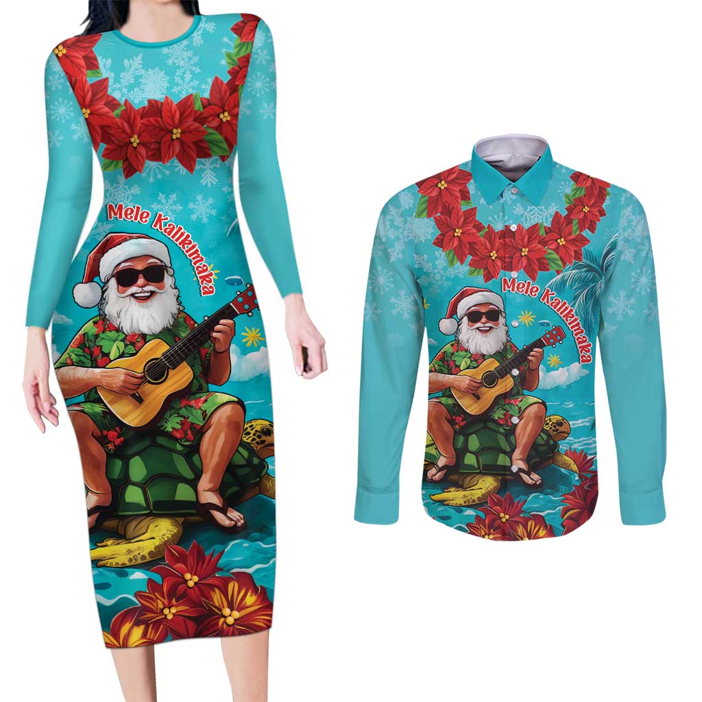 Hawaii Christmas Couples Matching Long Sleeve Bodycon Dress and Long Sleeve Button Shirt Mele Kalikimaka Poinsettia Lei - Cyan LT14 Cyan - Polynesian Pride