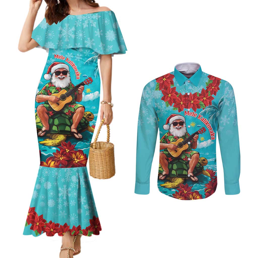 Hawaii Christmas Couples Matching Mermaid Dress and Long Sleeve Button Shirt Mele Kalikimaka Poinsettia Lei - Cyan LT14 Cyan - Polynesian Pride