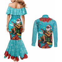 Hawaii Christmas Couples Matching Mermaid Dress and Long Sleeve Button Shirt Mele Kalikimaka Poinsettia Lei - Cyan LT14 - Polynesian Pride