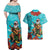 Hawaii Christmas Couples Matching Off Shoulder Maxi Dress and Hawaiian Shirt Mele Kalikimaka Poinsettia Lei - Cyan