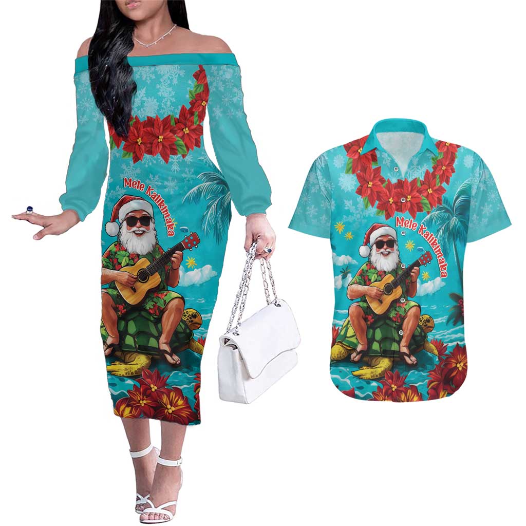 Hawaii Christmas Couples Matching Off The Shoulder Long Sleeve Dress and Hawaiian Shirt Mele Kalikimaka Poinsettia Lei - Cyan