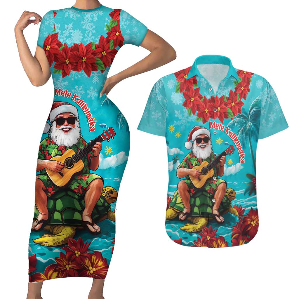 Hawaii Christmas Couples Matching Short Sleeve Bodycon Dress and Hawaiian Shirt Mele Kalikimaka Poinsettia Lei - Cyan