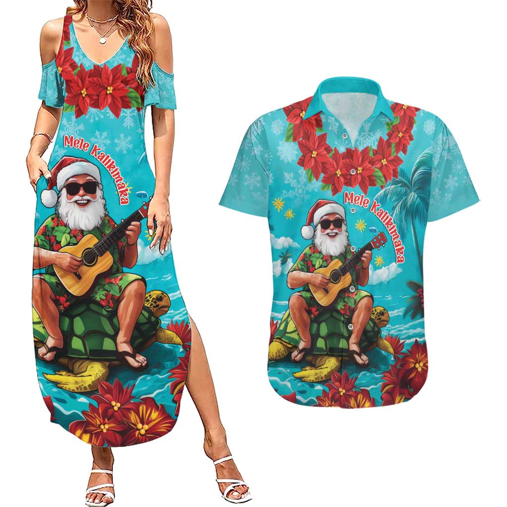 Hawaii Christmas Couples Matching Summer Maxi Dress and Hawaiian Shirt Mele Kalikimaka Poinsettia Lei - Cyan LT14 Cyan - Polynesian Pride