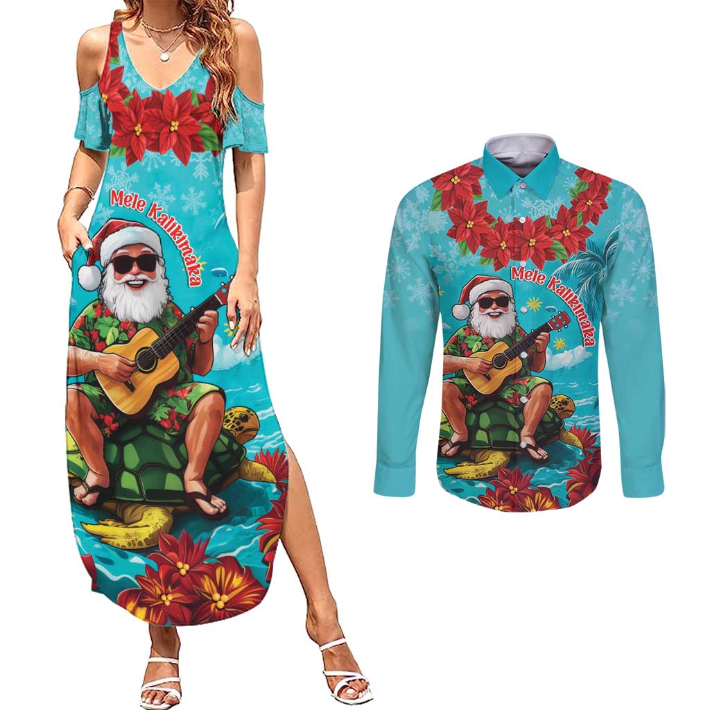 Hawaii Christmas Couples Matching Summer Maxi Dress and Long Sleeve Button Shirt Mele Kalikimaka Poinsettia Lei - Cyan LT14 Cyan - Polynesian Pride
