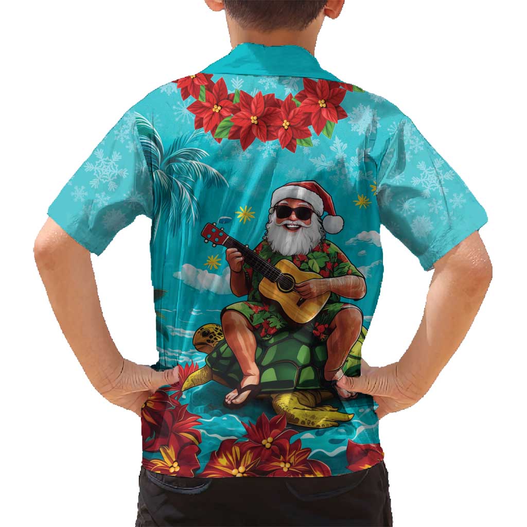 Hawaii Christmas Family Matching Long Sleeve Bodycon Dress and Hawaiian Shirt Mele Kalikimaka Poinsettia Lei - Cyan