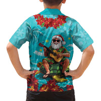 Hawaii Christmas Family Matching Long Sleeve Bodycon Dress and Hawaiian Shirt Mele Kalikimaka Poinsettia Lei - Cyan