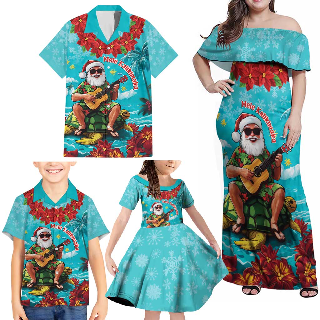 Hawaii Christmas Family Matching Off Shoulder Maxi Dress and Hawaiian Shirt Mele Kalikimaka Poinsettia Lei - Cyan