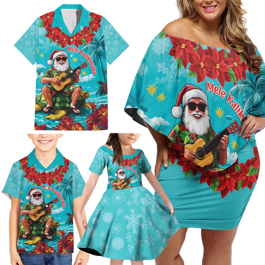 Hawaii Christmas Family Matching Off Shoulder Short Dress and Hawaiian Shirt Mele Kalikimaka Poinsettia Lei - Cyan