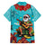 Hawaii Christmas Family Matching Off Shoulder Short Dress and Hawaiian Shirt Mele Kalikimaka Poinsettia Lei - Cyan