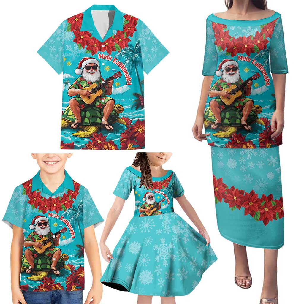 Hawaii Christmas Family Matching Puletasi and Hawaiian Shirt Mele Kalikimaka Poinsettia Lei - Cyan