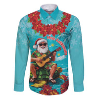 Hawaii Christmas Family Matching Short Sleeve Bodycon Dress and Hawaiian Shirt Mele Kalikimaka Poinsettia Lei - Cyan