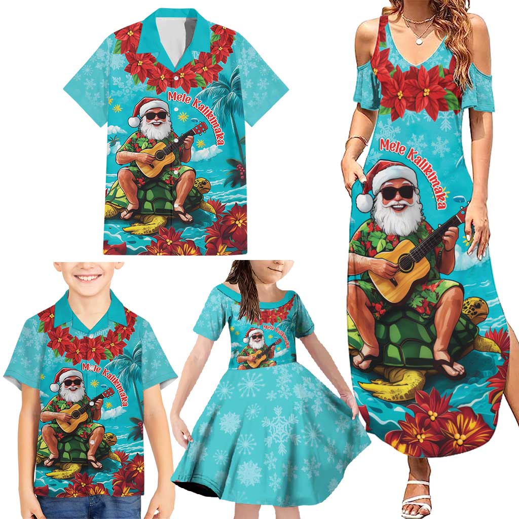 Hawaii Christmas Family Matching Summer Maxi Dress and Hawaiian Shirt Mele Kalikimaka Poinsettia Lei - Cyan LT14 - Polynesian Pride