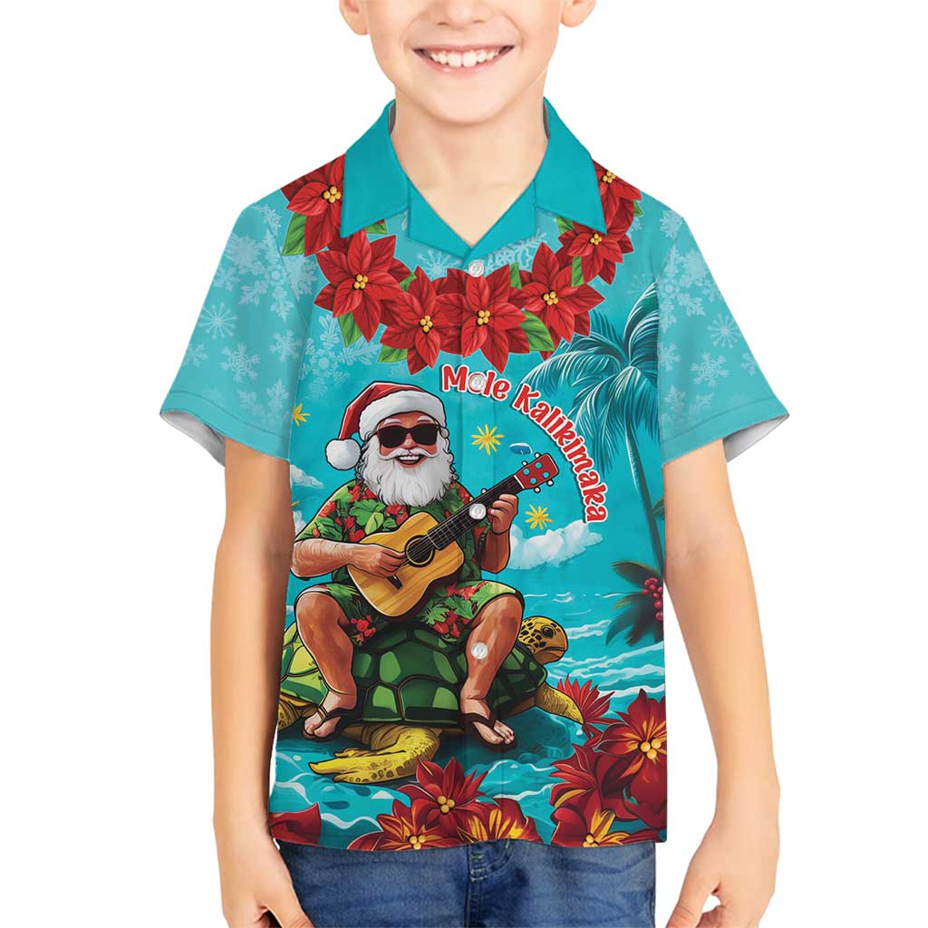 Hawaii Christmas Family Matching Summer Maxi Dress and Hawaiian Shirt Mele Kalikimaka Poinsettia Lei - Cyan