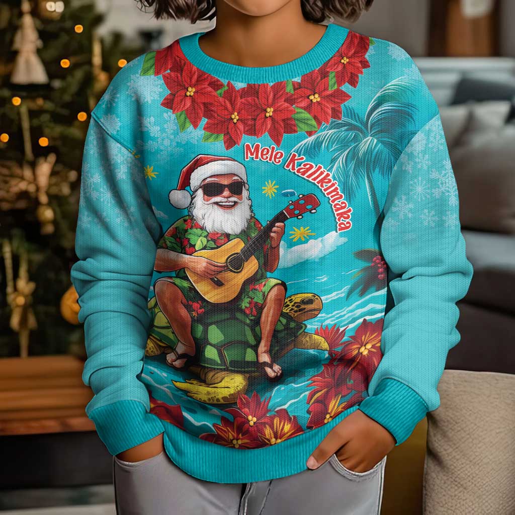 Hawaii Christmas Kid Ugly Christmas Sweater Mele Kalikimaka Poinsettia Lei - Cyan