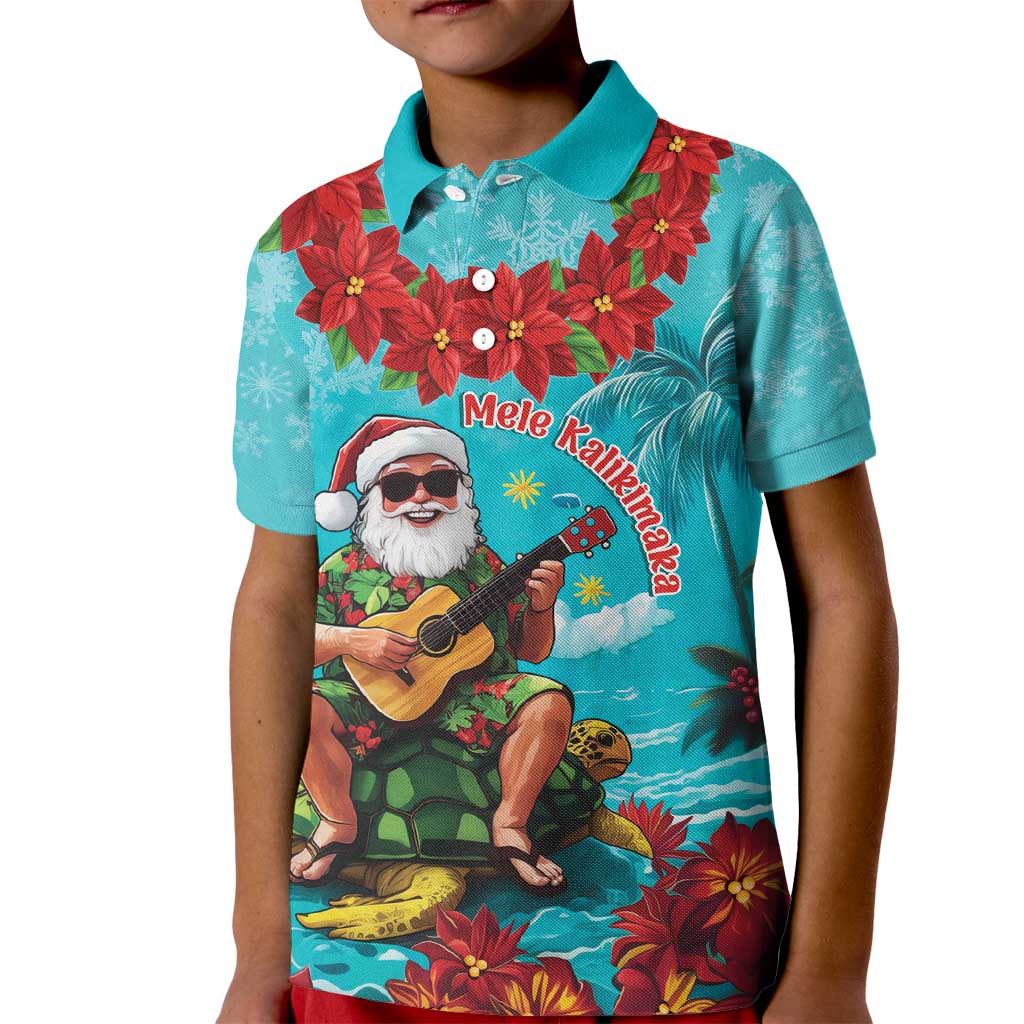 Hawaii Christmas Kid Polo Shirt Mele Kalikimaka Poinsettia Lei - Cyan