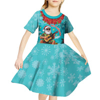 Hawaii Christmas Kid Short Sleeve Dress Mele Kalikimaka Poinsettia Lei - Cyan