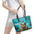 Hawaii Christmas Leather Tote Bag Mele Kalikimaka Poinsettia Lei - Cyan