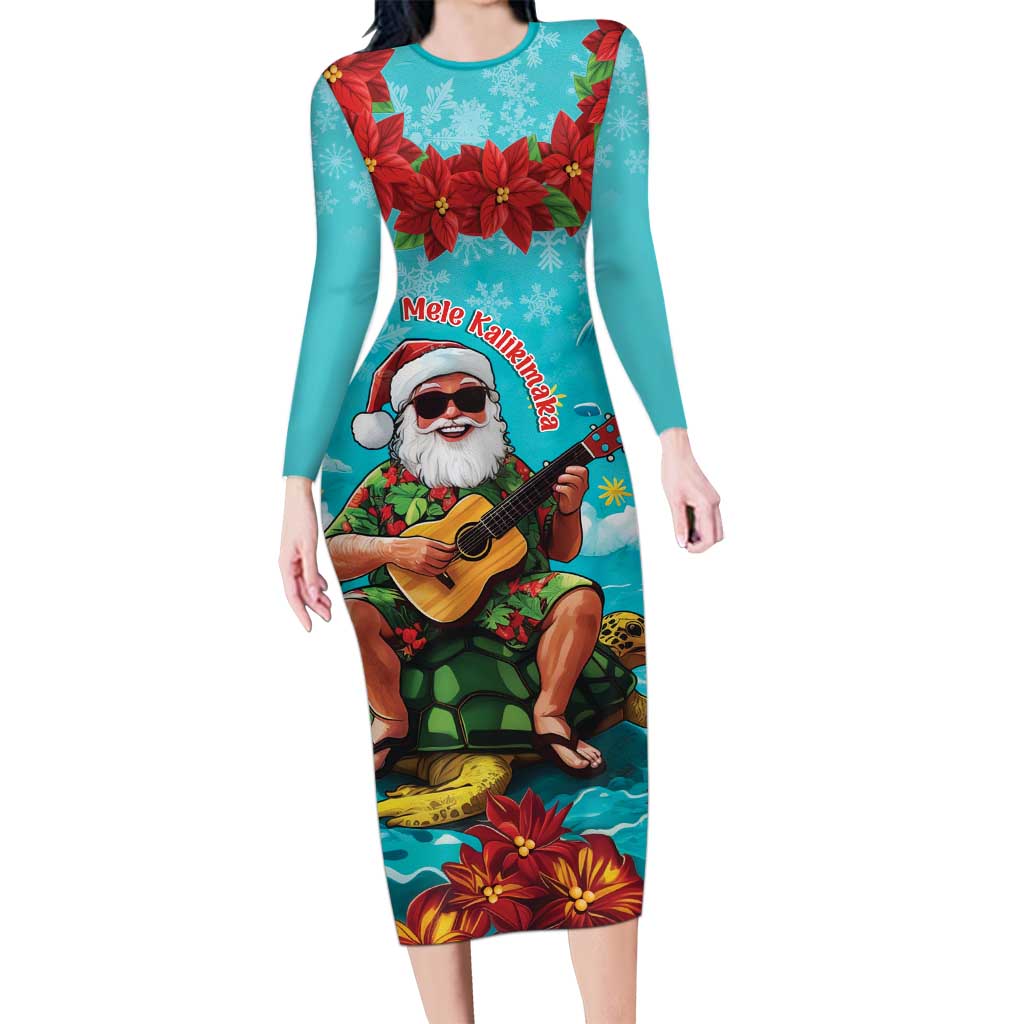 Hawaii Christmas Long Sleeve Bodycon Dress Mele Kalikimaka Poinsettia Lei - Cyan